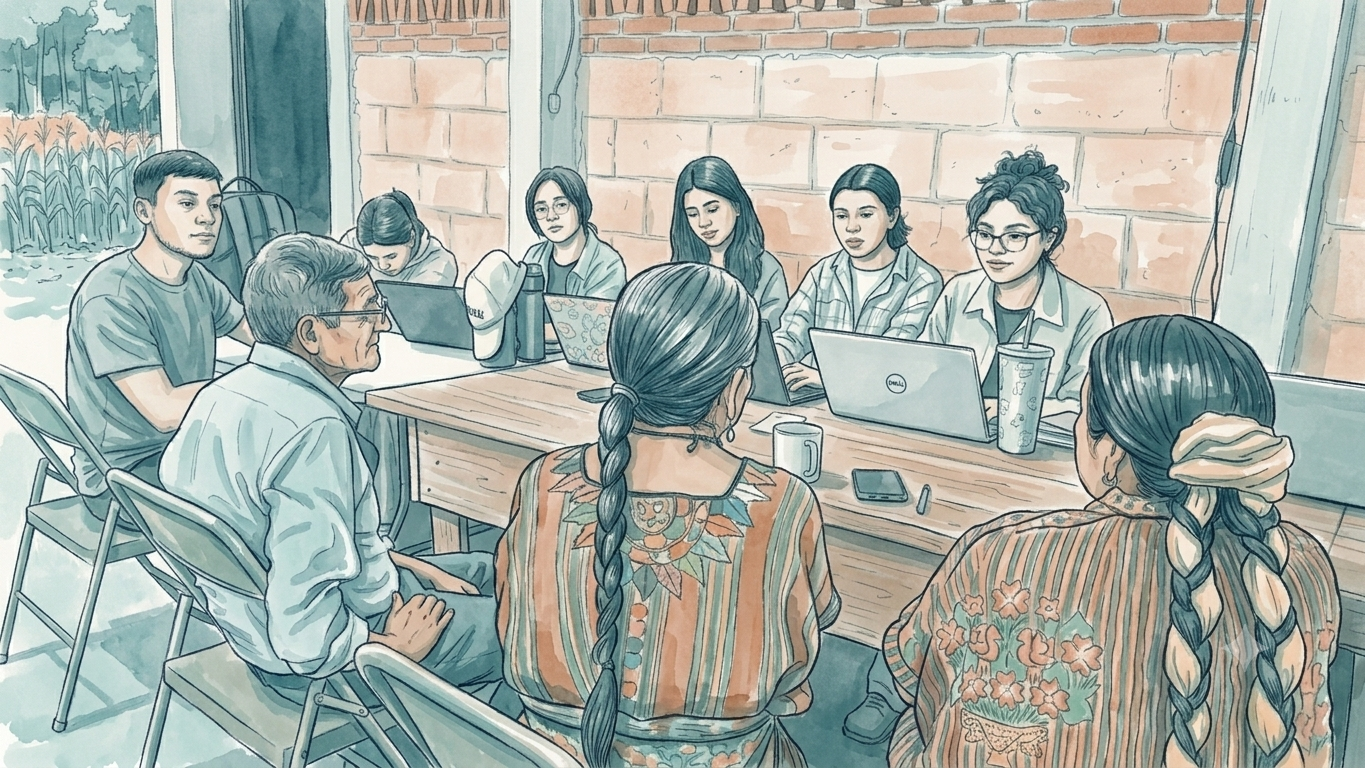 Reunión de equipo con laptops en una casa de ladrillo